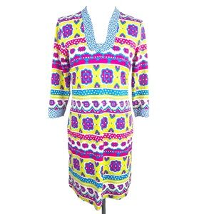 J. McLaughlin Gisel Dress Medium Blue Yellow Geometric Catalina Cloth, size XS